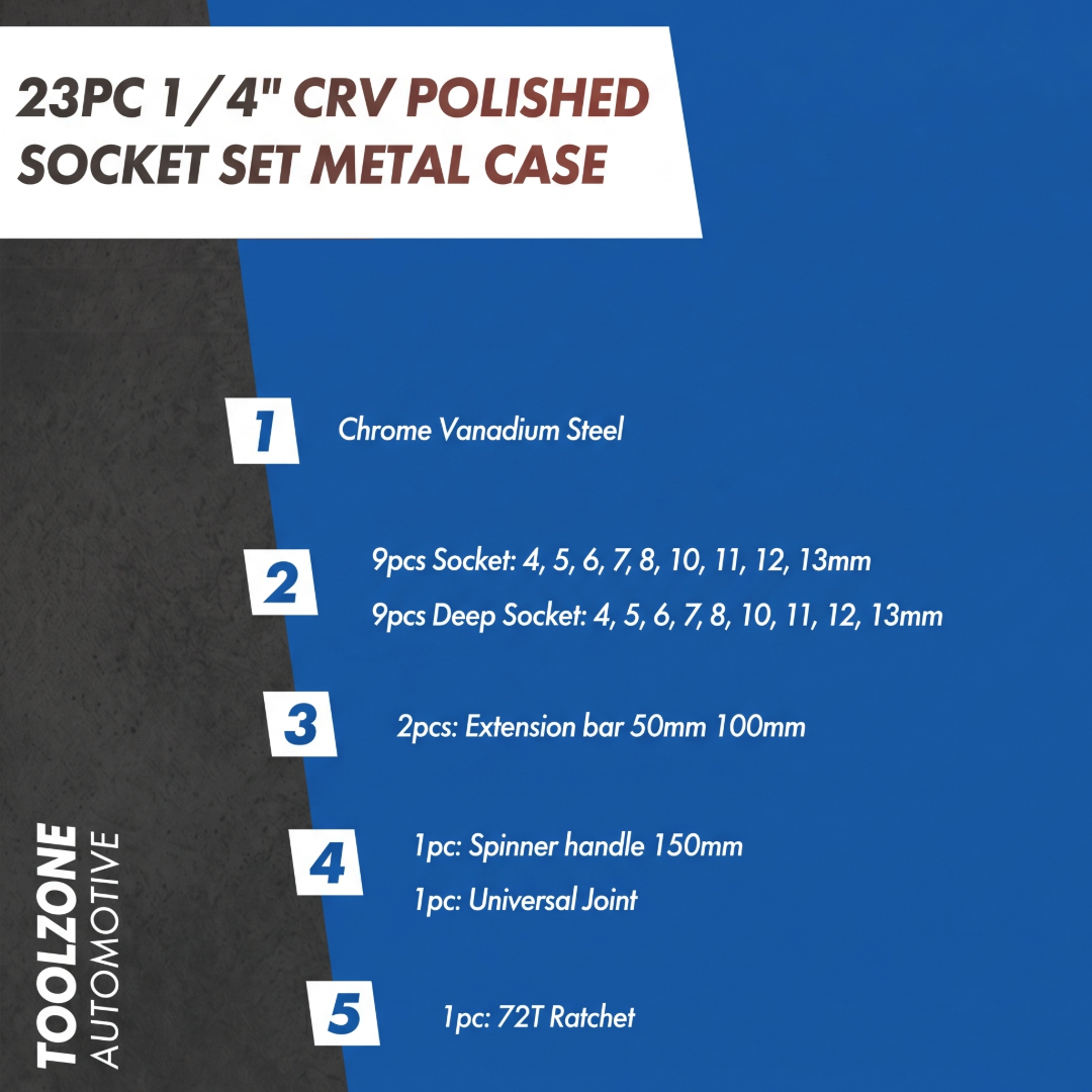 23 PIECE CHROME VANADIUM 1/4" DRIVE SOCKET SET #14SOCKS Car Builder Solutions