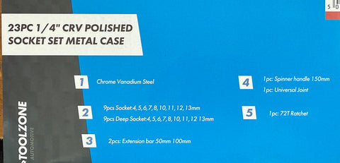 23 Piece Chrome Vanadium 1/4" drive Socket Set