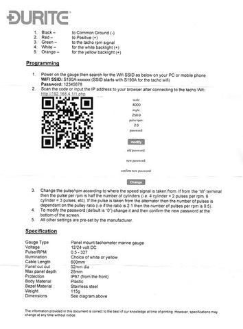 DURITE Waterproof Electronic Tachometer
