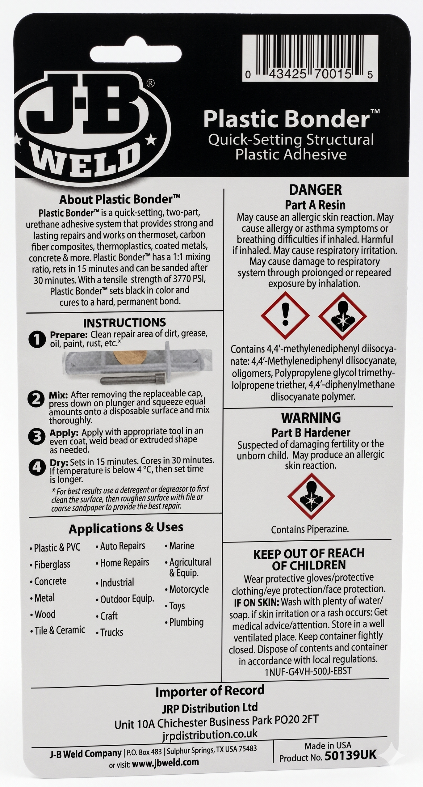 JB WELD Black Two Part Plastic Bonder
