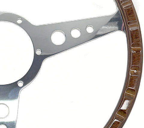 Wood Rim Steering Wheel. Flat aluminium pressing with holed spokes