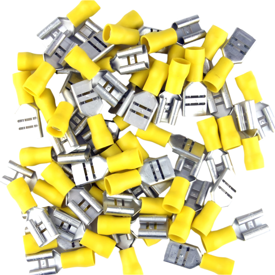 Yellow Pre Half Insulated Crimp Female 3/8" Spade Terminals 50pcs - Car Builder Solutions