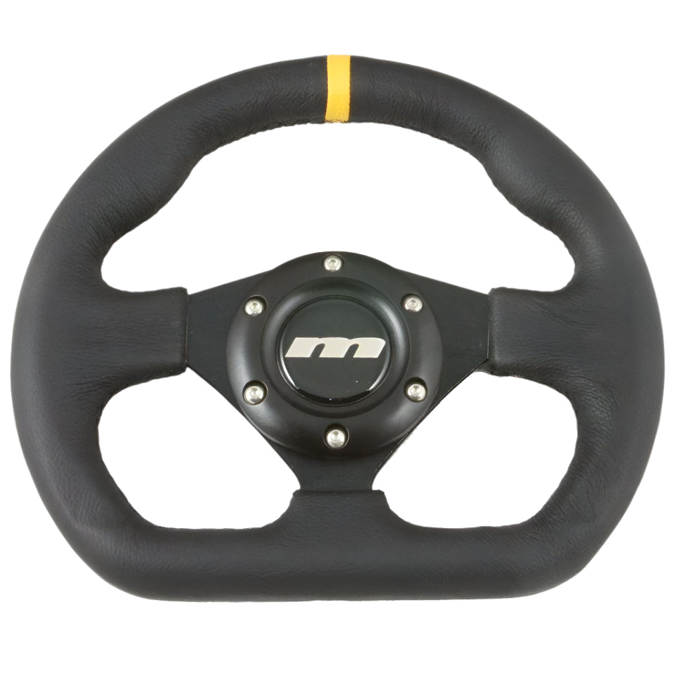 250mm Flat Bottomed Leather Steering Wheel Black Spokes - Car Builder Solutions
