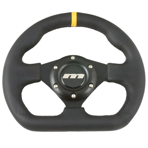 250mm Flat Bottomed Leather Steering Wheel Black Spokes - Car Builder Solutions