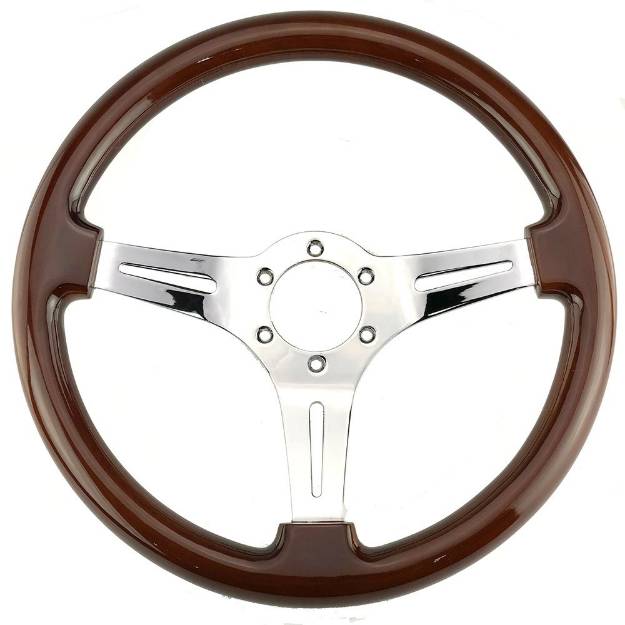 Picture of 350mm Chrome Wood Rim Steering Wheel With Slotted Frame